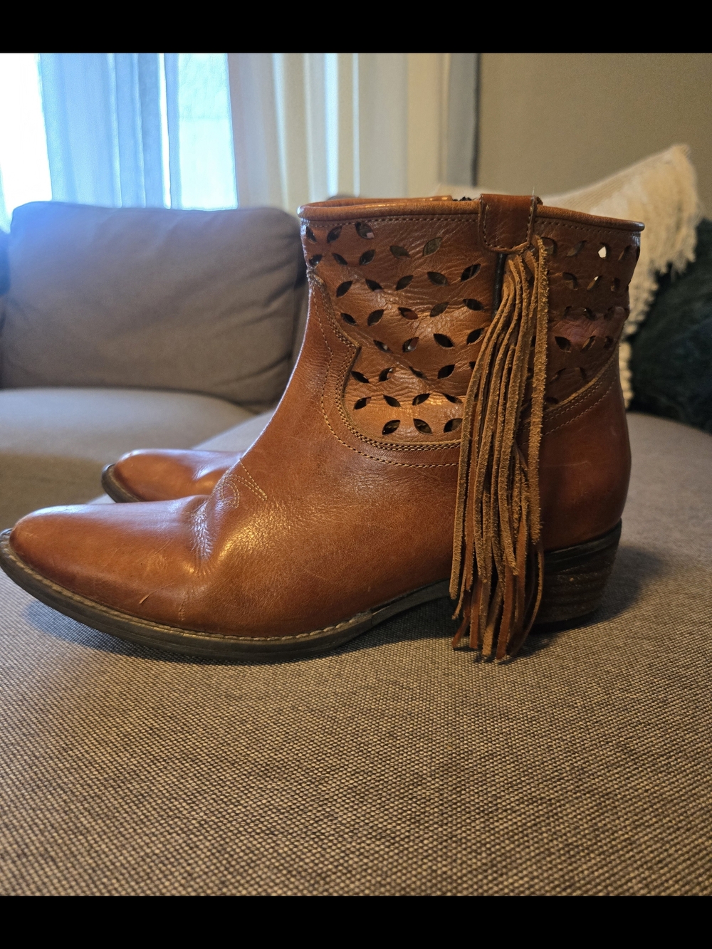Women's Boho Leather Fringe Ankle Booties with Cutout Detail